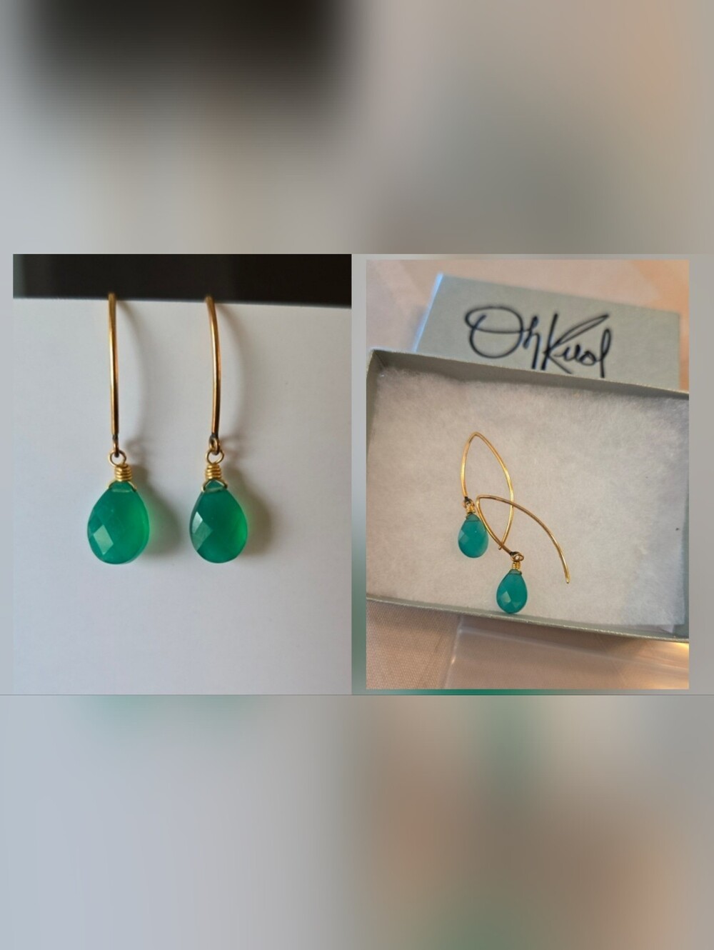 Emerald Green Onyx Earrings 14KT Gold Filled - Picture 4 of 6